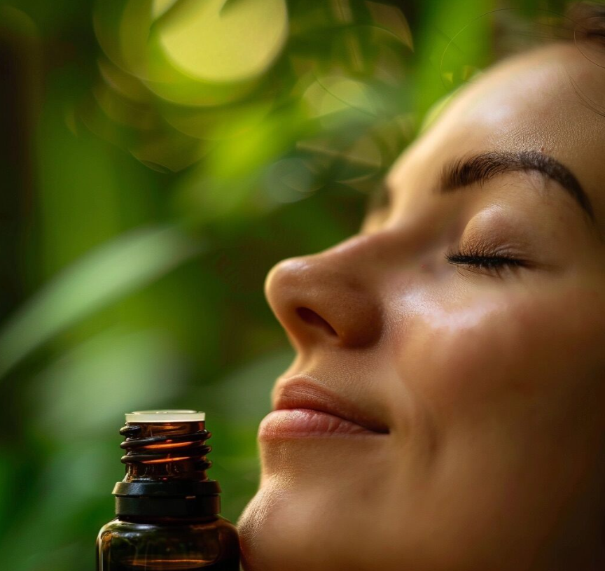 Kobieta wdycha zapach z otwartej butelki olejku eterycznego, mając zamknięte oczy i relaksując się na tle zieleni. aromachologia i aromaterapia