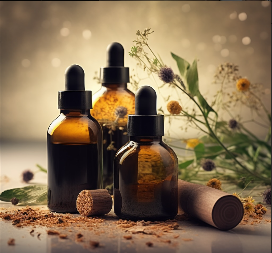 Trzy butelki olejków eterycznych z zakraplaczami ustawione obok suszonych kwiatów i liści na tle z bokeh. aromachologia i aromaterapia