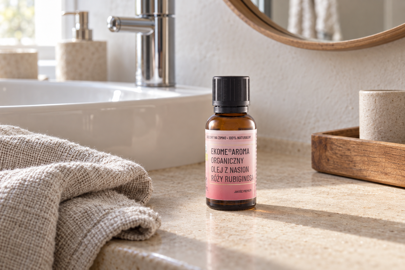 Olej z nasion dzikiej róży Rosa rubiginosa Ekome® 30 ml w naturalnej pielęgnacji Butelka organicznego oleju z nasion dzikiej róży Rosa rubiginosa Ekome Aroma 30 ml w jasnej przestrzeni pielęgnacyjnej