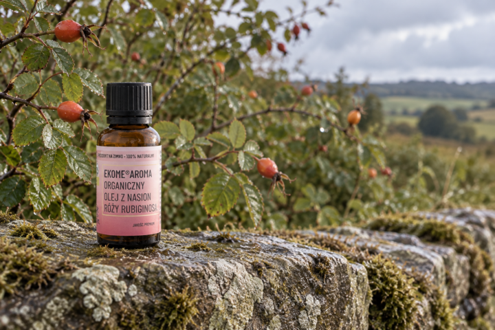 Brązowa butelka organicznego oleju z nasion dzikiej róży Rosa rubiginosa Ekome Aroma 30 ml wśród owoców róży