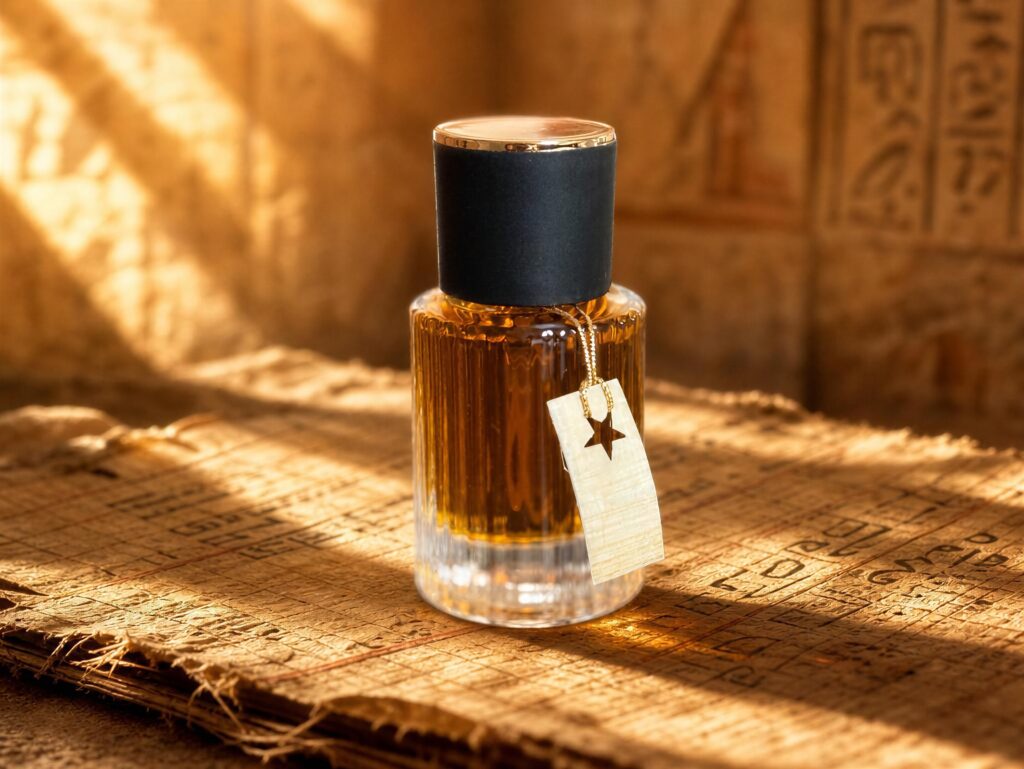 Naturalne perfumy w szklanym flakonie, sfotografowane w ciepłym świetle