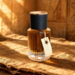 Naturalne perfumy w szklanym flakonie, sfotografowane w ciepłym świetle