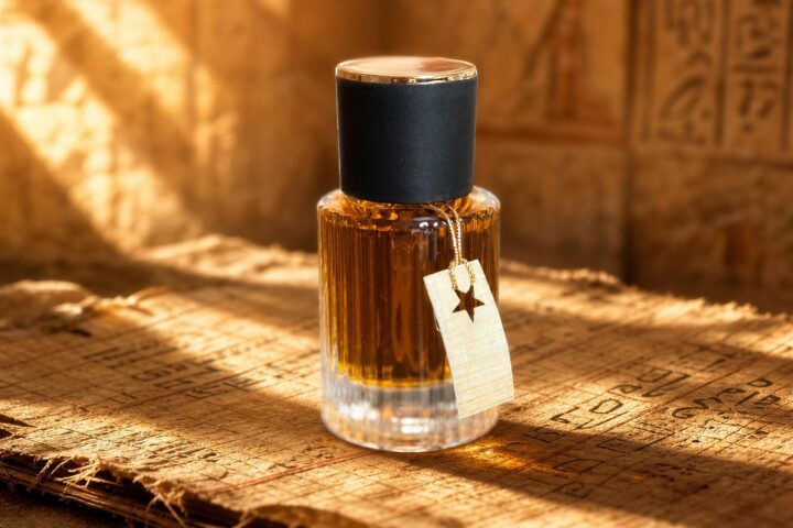 Naturalne perfumy w szklanym flakonie, sfotografowane w ciepłym świetle